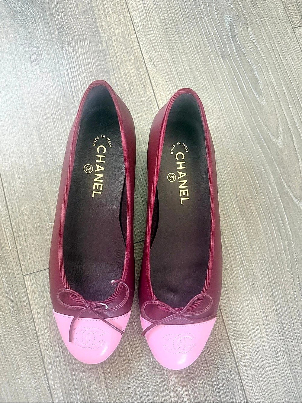 Chanel Lambskin Cap Toe CC Ballerina Flats Pink & Burgundy EU 40